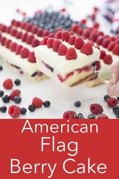 This delicious, moist vanilla cake is filed with fresh berries, topped with a light and creamy mascarpone whipped cream, and then crowned with even more fresh berries! I arranged them to form an American flag Mascarpone Whipped Cream, American Flag Cake, America Cake, Moist Vanilla Cake, Fall Baking Recipes, Flag Cake, Preppy Kitchen, Cake Vanilla, Berry Cake