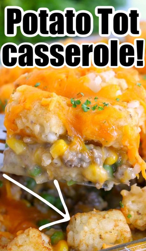 Our potato tot casserole with ground beef will knock your socks off! Add vegetables for a cheesy meal your kids will ask you to make over and over again. Potato Tot Casserole, Cheesy Tater Tot Casserole, Casserole With Ground Beef, Tater Tot Recipes, Potato Tots, Healty Dinner, Easy Ground Beef, Sandra Lee, Tot Casserole