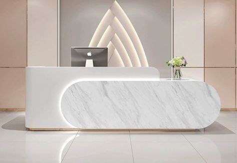 Reception Tables Office, Front Desk Marble, Unique Office Table Design, Minimalist Reception Table, Reception Desk Inspiration, Lobby Desk Design, Recepsionis Design, Reseption Zone Design Modern, Modern Reception Table Design