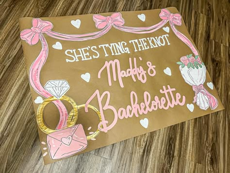 The cutest banner with sweet touches 🎀🤩💐 #banner #banners #bachelorette #rings #wedding #flowers #brownpaperbanner Bachelorette Banner Ideas, Banner Painting, Miss To Mrs Banner, Engagement Party Banners, Diy Banners, Bride To Be Banner, Bachelorette Banner, Banner Ideas, Cute Banners