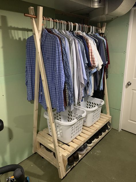 DIY project, custom made clothes rack Freestanding Clothes Rack Diy, How To Make A Clothes Rack, Diy Portable Clothes Rack, Diy Wood Clothing Rack, Diy Clothes Rack Easy, Diy Garment Rack, Diy Clothes Rack Wood, Clothes Rack Diy, Clothing Rack Diy