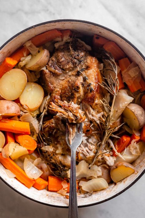 Try this warm and hearty roasted pork with sauerkraut for an easy one-pot meal! Pork roast with sauerkraut potatoes and carrots is nourishing, good for gut health, and perfect for cold weather. I make this recipe in a dutch oven, and slow roast it, but you can also use an instant pot or make crock pot pork roast with sauerkraut. Pork Roadt, Pork Roast With Sauerkraut, Sauerkraut Potatoes, Crock Pot Pork Roast, Good For Gut Health, Pork Roast And Sauerkraut, 2023 Meals, Slow Roasted Pork Shoulder, Crockpot Pork Roast