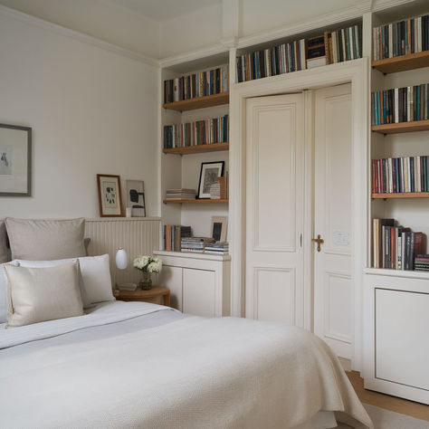 16 Gorgeous Home Library Ideas Bedroom And Library In One, Built In Bookcase In Bedroom, Bookshelf In Master Room, Bedroom With Library Bookshelves, Built In Bookcase Bedroom, Spare Bedroom Library, Spare Room Library, Guest Room Library Combo, Library Guest Room Combo