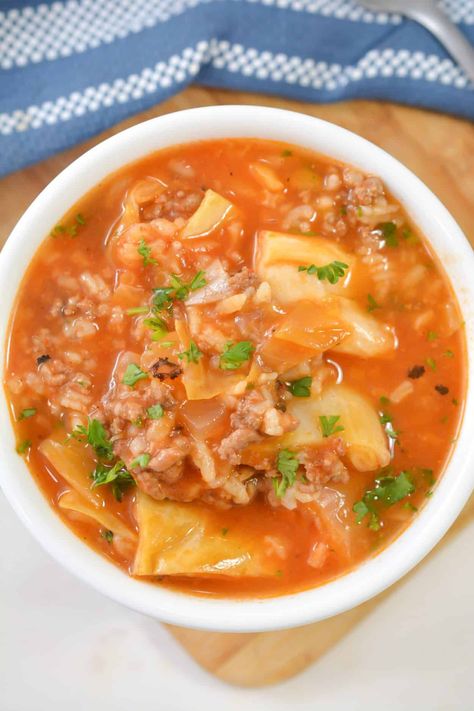 Pork and Tomato Cabbage Roll Soup - Happy Homeschool Nest Cabbage Soup Crockpot, Cabbage Beef, Cabbage Soup Diet Plan, Soup Cabbage, Cabbage Soup Diet Recipe, Cabbage Roll Soup, Delicious Soups, Cabbage Roll, Soup Healthy