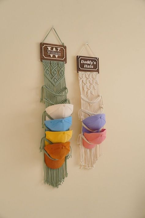 Toddler Hat Storage, Macrame Baseball Cap Hanger, Macrame Double Hat Hanger Diy, Macrame Baseball Hat Hanger, Macrame Cap Hanger, Boho Organization, Baseball Theme Room, Cap Storage, Dreamcatcher Diy