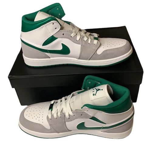 Nike Air Jordan 1 Mid Se Sneakers Style Dc7294-103 Color Light Smoke Grey Pine Green White Leather, Suede Light Grey, Pine Green Collar Available Size Men’s 9 = Women’s 10.5 New In Box Jordan Retro 1 Low, Jordan 3 Black Cement, Jordan 1 Black, Mid Sneakers, White Jordans, Air Jordan 1 Mid Se, Black Cement, Nike Air Jordan 1 Mid, Womens Air Jordans