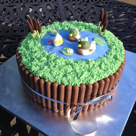 Duck Pond Birthday Cake for my father https://www.facebook.com/PoppyCakeBakery Duck Pond Birthday Party, Duck Pond Cake, Pond Cake Ideas, Pond Birthday Cake, Duck Cake Ideas, Duck Birthday Cake, Duck Cakes, Pond Party, Pond Cake