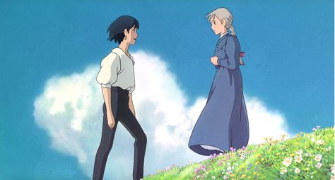 Sophie and Howl on the flowery meadow Ghibli Gouache, Howls Moving Castle Wallpaper, Howl's Moving Castle Howl, 하울의 움직이는 성, Personajes Studio Ghibli, Chihiro Y Haku, Studio Ghibli Background, Howl And Sophie, Howls Moving