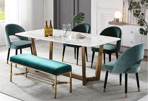 Good Quality green velvet dining chairs set Velvet Chairs Dining Table, Dining Tables With Benches, Velvet Dining Chairs Wood Table, Dining Table Design With Bench, Dining Table With Green Chairs, Dining Table With Bench And Chairs, Green Velvet Dining Room, Dining Table Chairs Design, Dining Table Ideas Modern