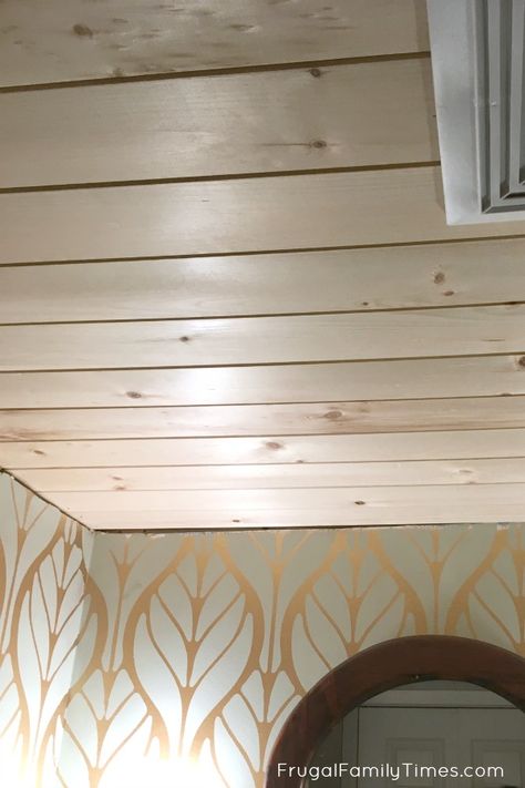 How to Install Tongue and Groove Ceiling Planks - it's so simple! | Frugal Family Times Tongue And Groove Bathroom, Diy Basement Bathroom, Wood Planks Diy, Ceiling Planks, Groove Ceiling, Ikea Sinks, Wood Plank Ceiling, Shiplap Ceiling, Tongue And Groove Ceiling