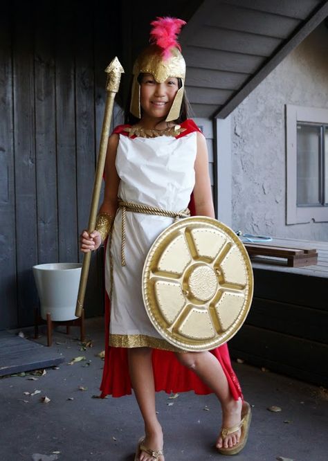 DIY Greek Goddess costume made from a plastic tablecloth. Athena Goddess Costume, Greek Goddess Athena Costume, Greek Goddess Costume Diy, Athena Costume, Christmas Wallpaper Simple, Greek God Costume, Thanksgiving Baby Outfits, Roman Costume, Greek Costume