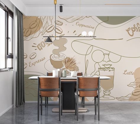 Coffee Shop Wallpaper, Wallpaper Mid Century Modern, Cafe Mural, Wallpaper Mid Century, Mural Cafe, Mid Century Modern Wallpaper, Modern Coffee Shop, Coffee Pattern, Bohemian Wallpaper