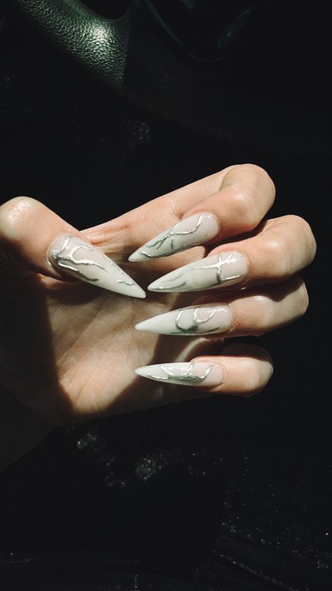 White Alt Nails, White Goth Nails, Goth Stiletto Nails, Alt Nails, White Stiletto Nails, White Goth, Goth Nails, Nails Inspo, Stiletto Nails