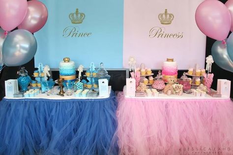 Prince & Princess Party for Twins Prince And Princess Theme Party, Prince And Princess Birthday Party Twins, Princess And Prince Birthday Party, Prince And Princess Birthday Party, Prince Or Princess Gender Reveal, Twin Birthday Themes, Princess Birthday Decorations, Twin Birthday Cakes, Princess First Birthday