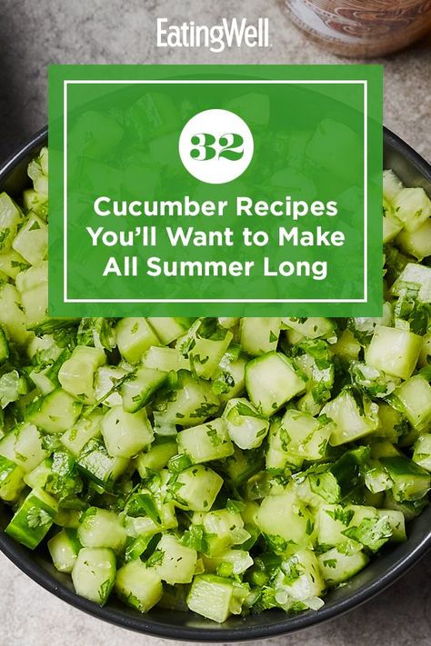 Enjoy a fresh and summery meal with these cucumber recipes. Whether you use them in a salad, drink or side dish, cucumbers add a refreshing note to any dish. Try the seasonal vegetable in recipes like Salmon with Curried Yogurt & Cucumber Salad and Vegan Cold Cucumber Soup for a healthy and delicious bite. #summerrecipes #healthysummerrecipes #healthyrecipes Cucumber Recipes Healthy, Cold Cucumber Soup, Healthy Salmon Burgers, Cucumber Salad Recipes, Vinaigrette Recipes Easy, Cooked Cucumber, Cucumber Pasta Salad, Cucumber Soup, Fresh Salsa Recipe