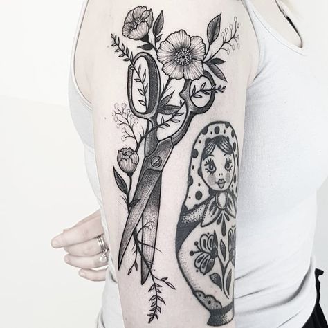 Scissors and flower vine, next to healed matryoshka doll. . . . #tattoo #tattoos #viivibodyctrl #bodyctrl  #dotworktattoo #scissorstattoo… Floral Scissors Tattoo, Scissor Tattoos, Scissor Tattoo, Doll Tattoo, Floral Chair, Dot Work Tattoo, Girly Tattoos, Matryoshka Doll, Flowering Vines