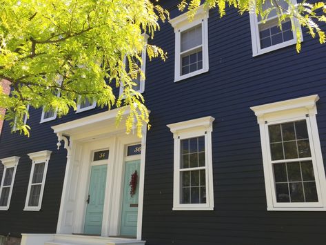 Choosing dark paint colors for your home exterior. Navy Blue House Door Color Ideas, Black House Blue Door, Door Colors For Dark Blue House, Navy Blue House Exterior, Navy House Exterior, Navy Blue House, Dark Houses, Navy Blue Houses, Light Blue Houses