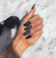 Nails Design For Fall, Marble Acrylic Nails, Acrylic Nails Design, Shiny Nails Designs, Fall Acrylic Nails, Coffin Shape Nails, Black Nail, Marble Nails, Acrylic Nails Coffin