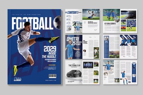 Football Magazine Template, Print Templates ft. football & college - Envato Elements Football Magazine Design, Magazine Sport Design, Sport Magazine Design, Magazine Layout Design Templates, Sports Magazine Layout, Text Layout Design, Sport Magazine Cover, Sports Magazine Design, Magazine Elements