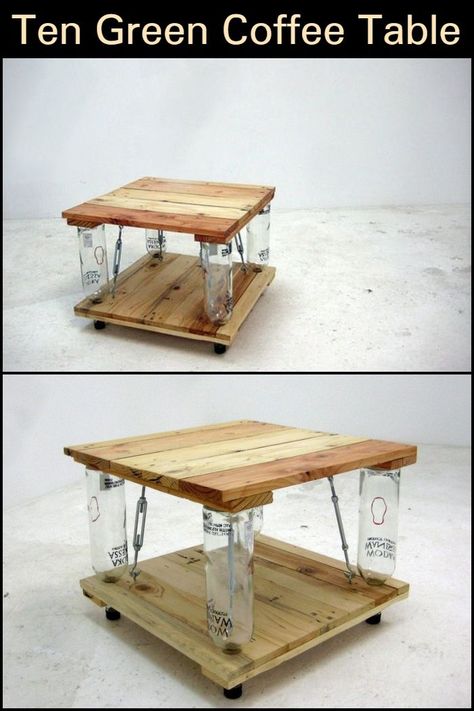 Improvised Coffee Table, Homemade Coffee Tables Glass, Pallet Center Table, Coffee Table Made From Pallets, Low Pallet Table, Glass Bottle Diy Projects, Green Coffee Table, Small Shelving Unit, Green Coffee Tables