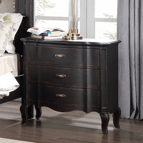 Upgrade your bedroom with the Chelmsford Nightstand, a stunning addition that combines timeless design with practical features. Crafted with meticulous attention to detail, this nightstand exudes sophistication and offers the perfect blend of style and functionality. Its exquisite black antique finish and premium wood and veneer construction make it a must-have for any bedroom. Elevate your nighttime routine and enjoy the convenience of having your essentials close at hand while adding a touch o Black Farmhouse Nightstand, Dark Academia Nightstand, Gold Accent Furniture, Gothic Bedroom Furniture, Oversized Nightstand, Antique Bedside Table, Blue Bedroom Furniture, Antique Bedside Tables, Tall Nightstands