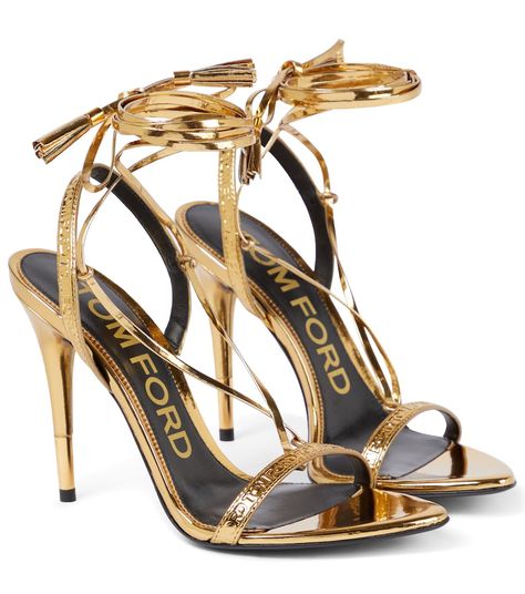 Tom Ford - 105 ankle-strap leather sandals | Mytheresa Birkenstock Heels, Collage Elements, Fancy Heels, Tom Ford Shoes, Fly Shoes, Gold Glam, Ankle Wrap Sandals, Boot Jewelry, Wrap Sandals