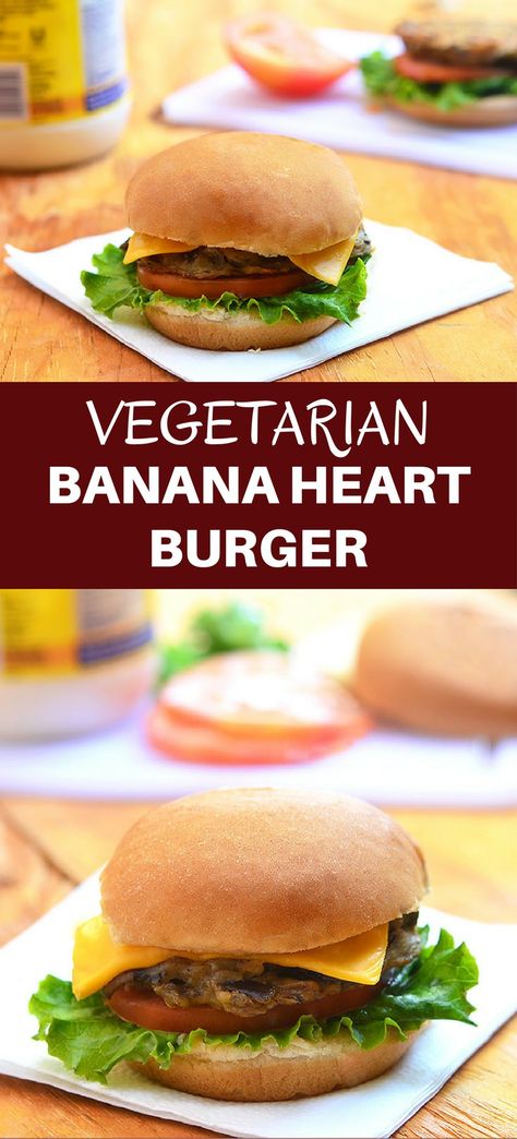 Banana Heart Burger made with shredded banana heart, eggs, flour and oyster sauce. Super moist and tasty, this vegetarian burger is a delicious and nutritious alternative to beef patties. Burger Bun Recipe Vegan, Kidney Bean Burger, Banana Blossom Vegan Fish, Banana Que Filipino, Raw Vegan Burger Patty, Banana Heart, Pagkaing Pinoy, Kawaling Pinoy, Burger Patty