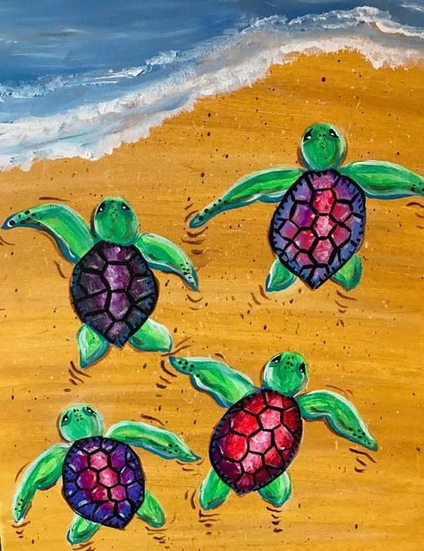 Journey to the Sea Family Art Projects, Wine And Painting Party, Paint And Drink, Childrens Art Projects, Pinots Palette, Turtle Tattoo Designs, April Art, Animal Art Projects, Sea Turtle Art