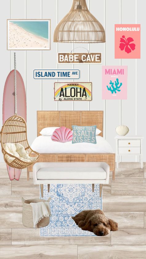 Preppy Beach Themed Room, Teen Beach Room Ideas, Preppy Beach Room Aesthetic, Pink Beach Room Aesthetic, Preppy Beach Room Decor, Hawaii Aesthetic Bedroom, Beach Aesthetic Bedroom Ideas, Beach Cowgirl Aesthetic Room, Room Ideas Beach Aesthetic