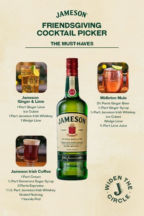 Here are some Jameson cocktail options for Friendsgiving that you will be thankful for. Kickoff the holiday season with some classics like a Jameson Ginger & Lime or find a new inspiration in the Midleton Mule. Jameson Whiskey Drinks, Jameson Drinks, Tavern Art, Jameson Cocktails, Jameson Bottle, Whiskey Chocolate, Jameson Whiskey, Whisky Cocktails, Jameson Irish Whiskey