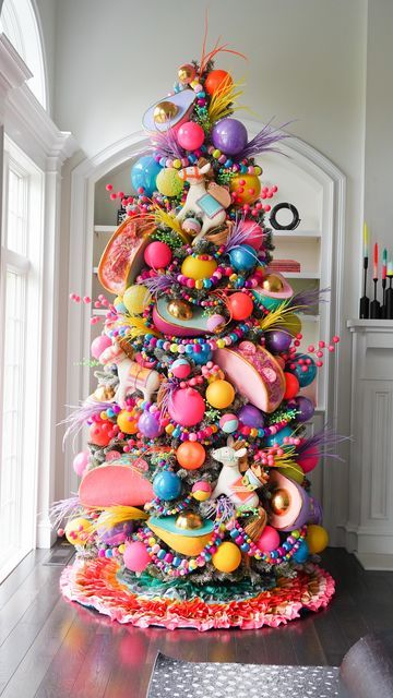 Dinosaur Christmas Tree Ideas, Holiday Goals, Dinosaur Christmas Tree, Krista Horton, Bright Christmas Tree, Decorated Trees, Colorful Christmas Decorations, Florida Holiday, Tree Inspiration