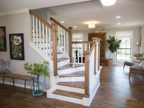 Hgtv Fixer Upper, Staircase Remodel, Coastal Living Rooms, Chip And Joanna Gaines, Living Room Remodel, Room Remodeling, Stair Railing, Joanna Gaines, Staircase Design