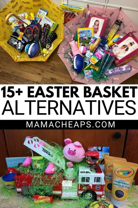 Useful Easter Baskets, Easter Basket Ideas That Are Not Baskets, Easter Baskets That Are Not Baskets, Easter Umbrella Basket, Easter Bunny Hunt Ideas, Alternative To Easter Basket, Non Traditional Easter Basket Ideas, Travel Easter Basket Gift Ideas, Useful Easter Basket Ideas For Kids