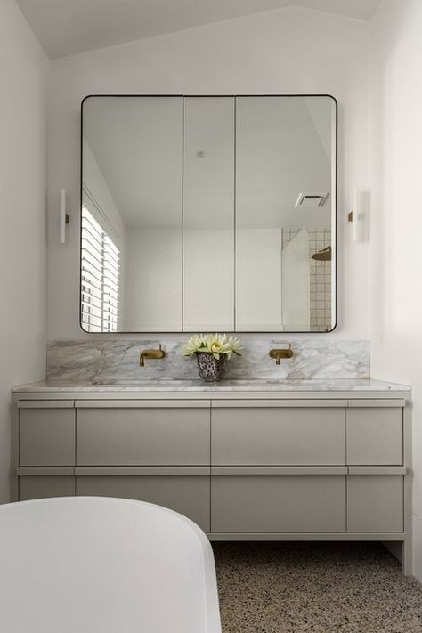 Mills Street – Albert Park — Empire Interiors – Melbourne Interior Design Studio Bathroom With Mirror Wall, Long Bathroom Counter, Primary Vanity, Melbourne Interior, Bathroom 2022, Tile Baseboard, Mark Hotel, Grey Bathroom Vanity, Albert Park