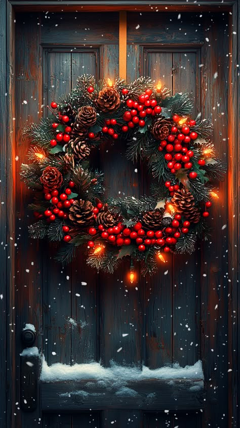 Step into a winter wonderland! ❄️✨ This charming wreath of vibrant red berries and rustic pinecones warmly welcomes the holiday spirit. Set against a frosty wooden door, the twinkling lights add a cozy glow that captures the magic of Christmas. 🎄❤️ #Christmas #wreath #holiday #rustic #winter #cozy #snow #magical #festive #decoration #home #door #lights Printable Snowflake Template, Clothing Wallpaper, Cozy Snow, Snowflake Template, Christmas Phone Wallpaper, Festive Decoration, Xmas Wreaths, Care Aesthetic, Home Door