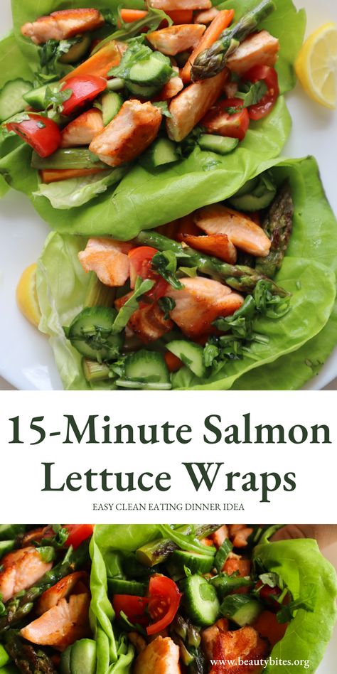 Clean Eating Salmon Lettuce Wraps - Beauty Bites Salmon Lettuce Wraps, Clean Eating Salmon, Easy Lettuce Wraps, Gut Recipes, Cooking Tofu, Delicious Clean Eating, Clean Eating Recipes For Dinner, Healthy Salmon, Inflammatory Diet