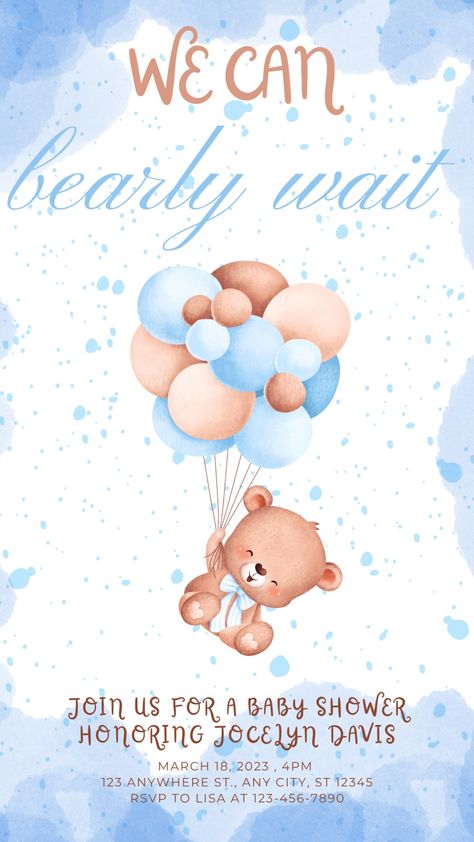 Cute boy baby shower invitation featuring teddy bear. Text says "We can bearly wait" but anything can easily be edited. These are 5" x 7" and can be printed at home or you favorite print shop. Can also easily be sent as a text or email or used on social media. Work Baby Showers, Blue Teddy Bear, We Can Bearly Wait, Bearly Wait, Teddy Bear Baby Shower, Gender Reveal Invitations, Boy Baby Shower, Baby Bear Baby Shower, Baby Shower Invitations For Boys