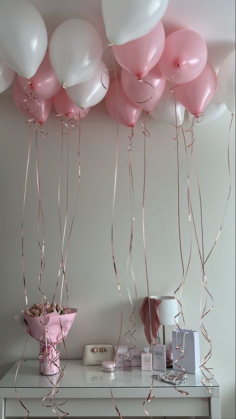 18th Birthday Party Ideas Pink And White, Light Pink Birthday Party Aesthetic, White And Pink Birthday Theme, Birthday Balloons Aesthetic, Light Pink Balloons, Light Pink Birthday, Pink Bday, Birthday Morning Surprise, Birthday Lights