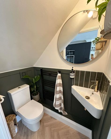 Tips to making a small downstairs bathroom come to life 🌿⁠
@kjhomespace⁠
⁠
1. Add panelling to give the room more definition⁠
2. Darker paint always is a fun idea in a small space⁠
3. A large mirror to give the illusion of a bigger space⁠
4. Corner sink to take up less room⁠
5. Adding different textures (tiles, paint, shelves, plants) to complete the interior ✨⁠
⁠
Swipe to see before 🤯⁠
⁠
#bathroom #smallbathroomideas #howtodecorate #interior #smallspace  #bathroomrenovation Under Stairs Loo Downstairs Toilet, Downstairs Toilet Corner Sink, Corner Sink Bathroom Mirror, Small Bathroom Ideas Under Stairs, Tiny Corner Sink, Powder Room With Corner Sink, Tiny Powder Room Layout, Downstairs Toilet Ideas Small, Small Downstairs Toilet Ideas Decor