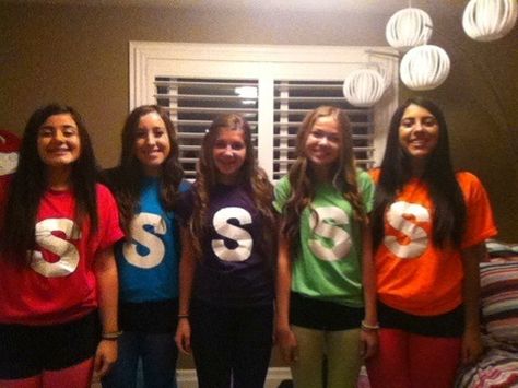 Halloween, teen costumes, skittles cute Skittle Costume Diy, Skittles Halloween Costume Group, Skittles Costume Diy, Halloween Teen Costumes, Skittle Costume, Skittles Costume, Softball Costumes, Teen Costumes, Team Halloween Costumes