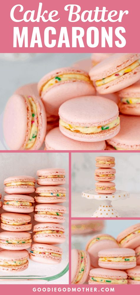 Cake Batter Macarons Recipe, Best Macaron Filling, Starburst Macarons, Cake Batter Macarons, Macaroons Filling Recipe, Fun Macaron Flavors, Cute Macaron Ideas, Fun Macarons, Funfetti Macarons