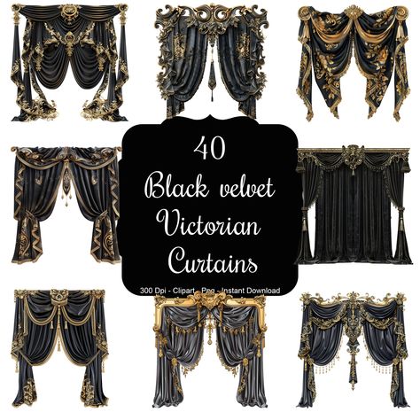 Victorian Gothic Office, Curtain Rods Ideas, Goth Curtains, Victorian Window Treatments, Gothic Curtains, Luxury Drapery, Victorian Style Decor, Luxurious Curtains, Victorian Curtains