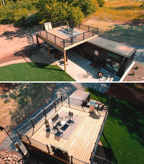 A Rooftop Deck Adds To The Living Space At This Shipping Container House Container Living, Shipping Container Cabin, Shipping Container Home Designs, Storage Container Homes, Container Cabin, Prefab Cabins, Shipping Container House Plans, Building A Container Home, Rooftop Patio