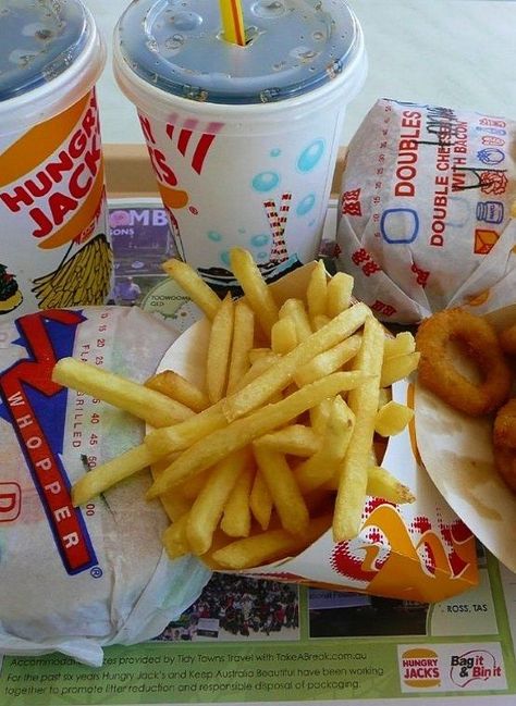 Whopper, Double Cheeseburger with Bacon, Onion Rings, French Fries & Coke Bacon Onion Rings, Hungry Jacks, Double Cheeseburger, American Food, Onion Rings, Burger King, Winter Food, French Fries, Food Cravings