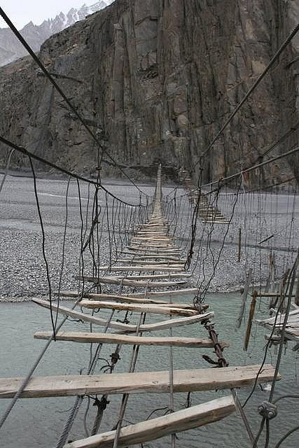 Rope Suspension Bridge,   Gulmit, Northern Pakistan Bridges Architecture, Northern Pakistan, Rope Bridge, Pakistan Travel, Bridge Over Troubled Water, Silk Route, Cheap Flight, Cheap Flight Tickets, Wooden Bridge