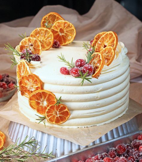 Orange Cardamom Cake Orange Cake Decoration, Orange Cardamom Cake, Orange Birthday Cake, Orange Mousse, Candied Cranberries, Orange Cardamom, Cardamom Cake, Holiday Cake, Orange Skin