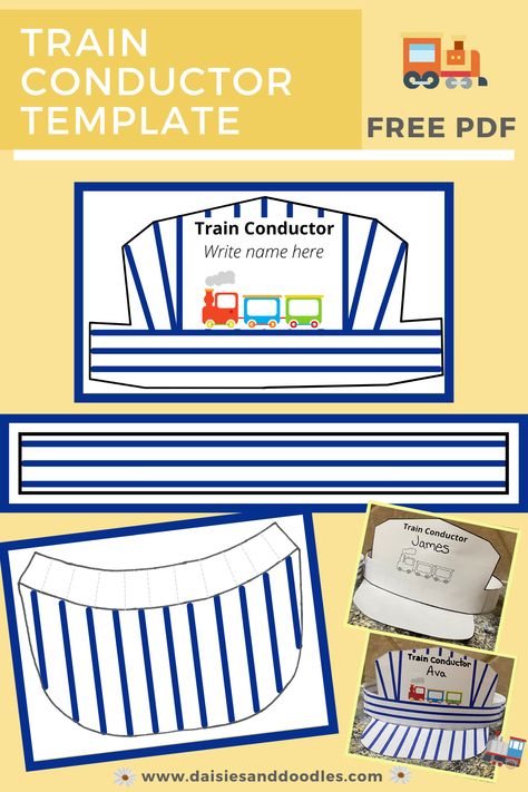 How To Make A Train Conductor Hat, Train Conductor Hats, The Polar Express Activities Preschool, Train Conductor Hat Diy, Diy Thomas The Train Costume, Train Conductor Hat Craft, Preschool Trains Activities, Train Theme Birthday Party Activities, Diy Conductor Hat