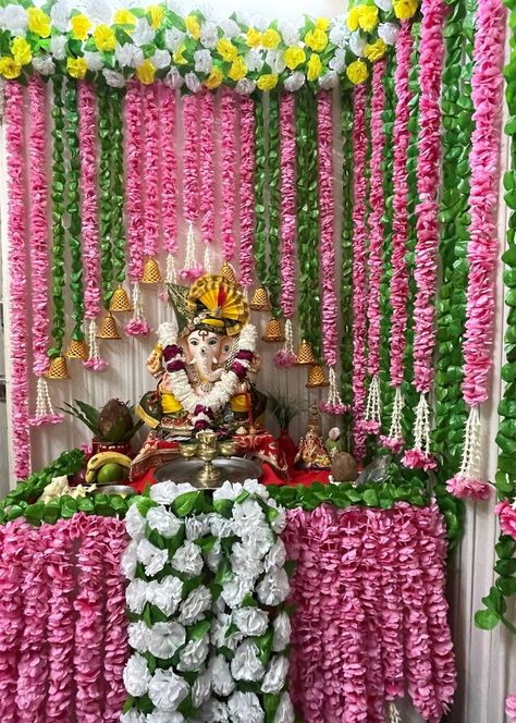 Ganpati decor- my home Flower Decoration For Ganpati, Ganpati Decoration Theme, Ganesh Chaturthi Decoration, Ganpati Bappa Wallpapers, Ganpati Decoration At Home, Janmashtami Decoration, Ganapati Decoration, Happy Ganesh Chaturthi Images, Decoration For Ganpati