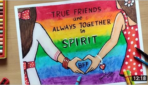 Friendship Day Drawing, Friendship Paintings, Friendship Poster, Friendship Art, Friends Poster, Friendship Day, Drawing Quotes, Oil Pastel Drawings, Basic Drawing