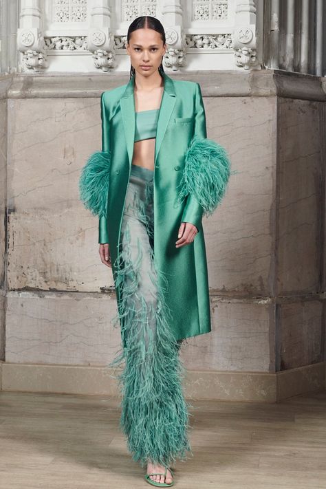 Leather Tube Top, Feather Outfit, Feather Embroidery, Suits And Jackets, Long Blazer, Ostrich Feathers, Sea Green, Tube Top, Outerwear Jackets